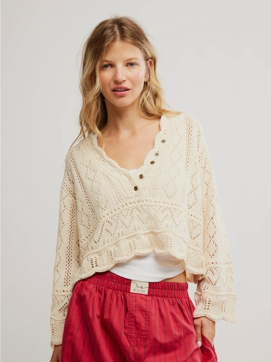 Free People Sweaters - Free People Charlotte Sweater Shortbread Ivory V-Neck Pointelle Scalloped Large
